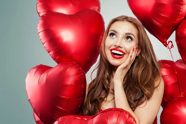 Excited Young Woman Holding Balloons Red Heart Surprised Girl Red — Stock Photo, Image