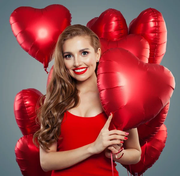 Happy Woman Holding Balloons Red Heart Surprise Valentines People Valentine — Stock Photo, Image