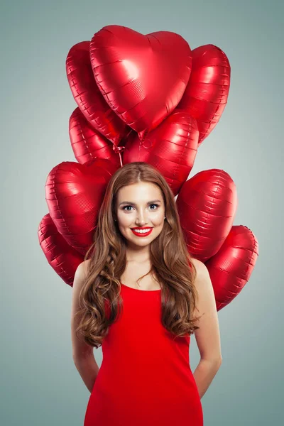 Girl Heart Balloons Woman Red Lips Makeup Wearing Red Dress — Stock Photo, Image
