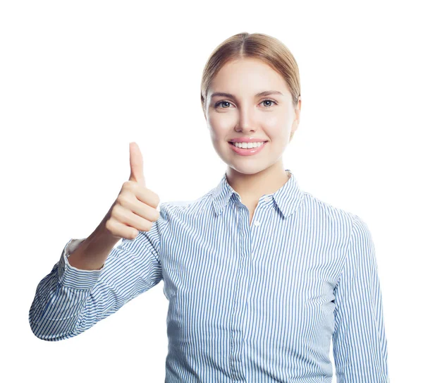 幸せな笑顔の女性に分離の白い背景を親指を示します ビジネスと教育の概念の成功 — ストック写真