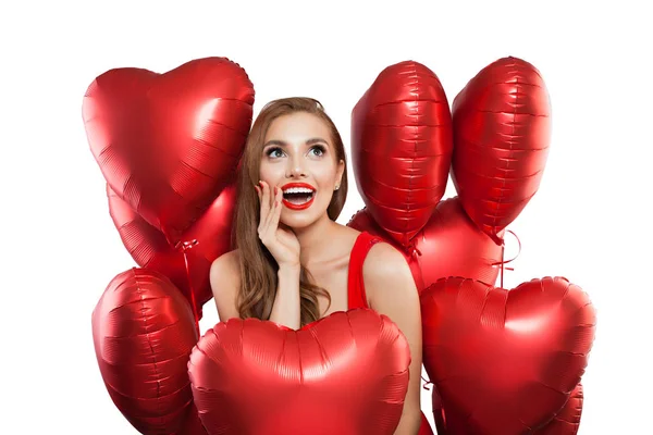 Surprised Woman Red Balloonsisolated White Background — Stock Photo, Image