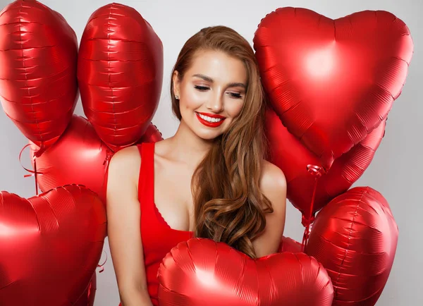 Femme Souriante Avec Des Ballons Sur Fond Blanc Anniversaire Saint — Photo