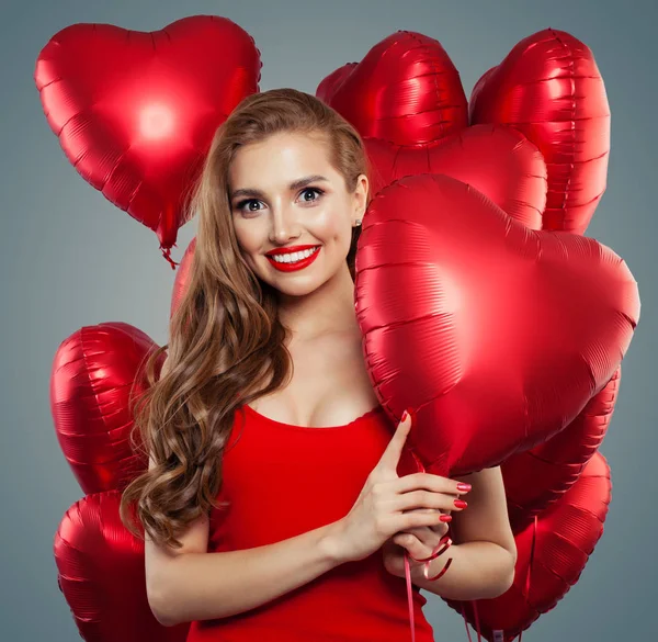 Pretty Young Woman Holds Balloons Happy Girl Red Lips Makeup — Stock Photo, Image