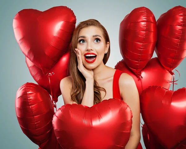 Surprised Girl Red Balloons Srprise Gifts Valentine Day Holiday Party — Stock Photo, Image