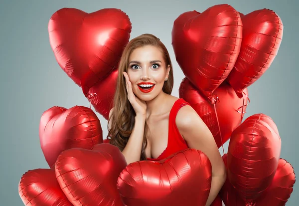 Cheerful Woman Holds Red Balloons Surprised Model Girl Red Lips — Stock Photo, Image
