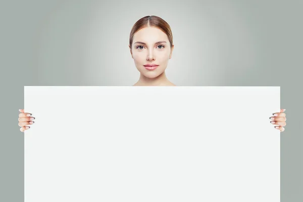 Healthy Woman Big White Empty Paper Board Background Her Hands — Stock Photo, Image