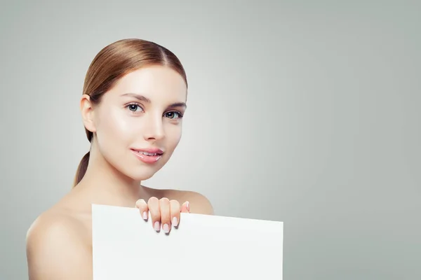 Cute Girl White Empty Paper Signboard — Stock Photo, Image