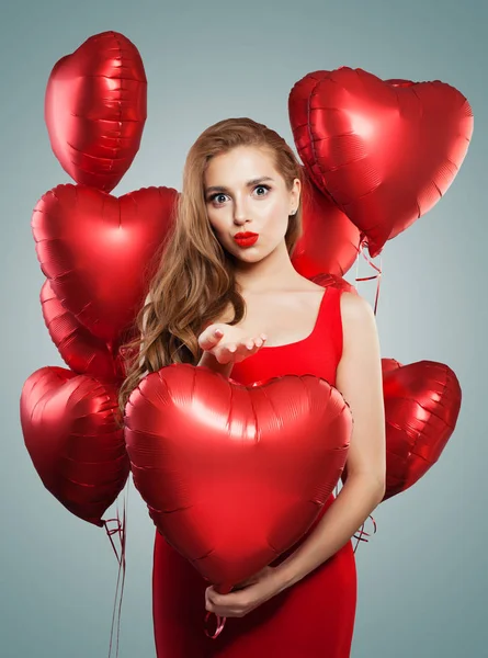 Excited Young Woman Blowing Kiss Holding Balloons Red Heart Beautiful — Stock Photo, Image