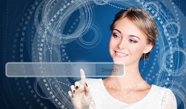 Young woman pointing finger to empty address bar with search icon in virtual web browser on blue high tech background