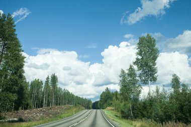 Alanlar, ağaçlar ve mavi gökyüzü ve bulutlar olan yol