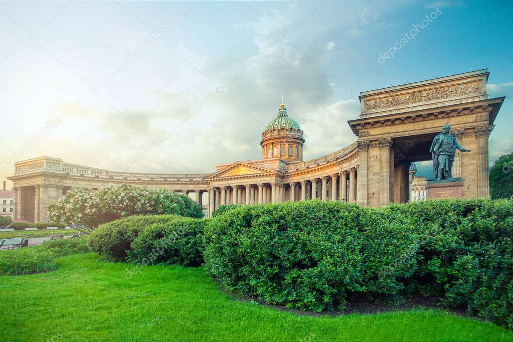 Kazan Cathedral in St. Petersburg under a blue sky with clouds