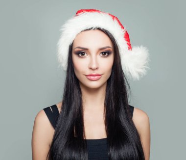 Santa şapka güzel kadın esmer, Noel portre