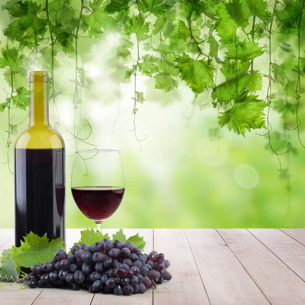 Виноградник в утреннем свете, бутылка с бокалом красного вина на светлом деревянном столе — стоковое фото