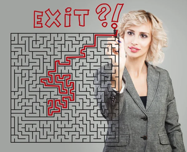 Business woman and maze background. Success, planning, problem