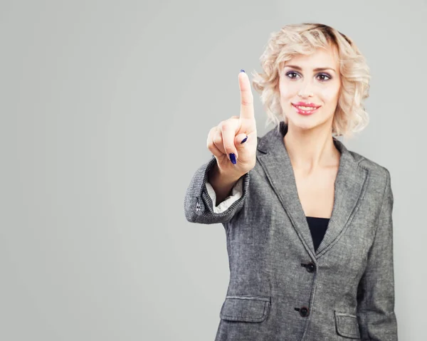 Push button. Pointing businesswoman hand — Stock Photo, Image