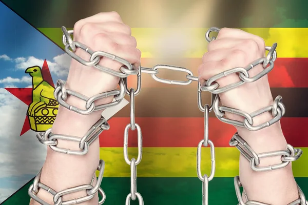 Two hands shackled a metal chain on Zimbabwe flag. Freedom concept