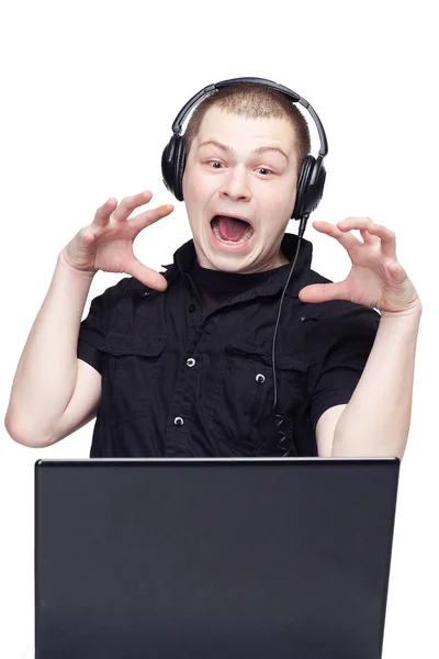 Man got scared because of the virus in the computer. The collapse of the system. — Stock Photo, Image