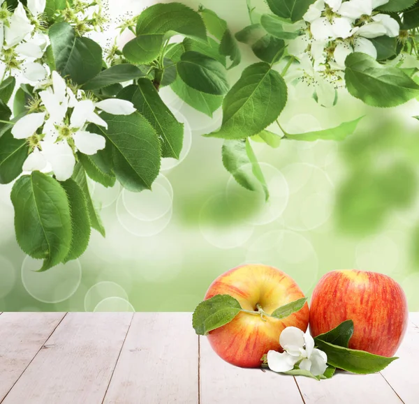 Frutas de manzana sobre tabla de madera blanca contra hojas verdes abstractas — Foto de Stock