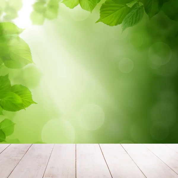 Green summer leaves and abstract bokeh light with white wooden board — Stock Photo, Image