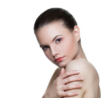 Beyaz izole sağlıklı berrak cilt ile Çekici kadın