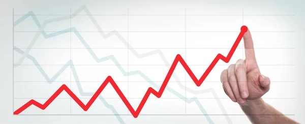 Mani in alto e in basso grafico a linee e strategia aziendale . — Foto Stock