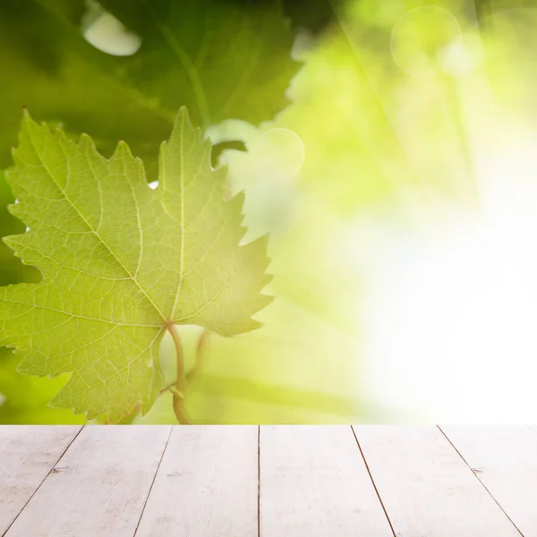 Folhas de uva verde com luz bokeh e mesa de madeira branca — Fotografia de Stock