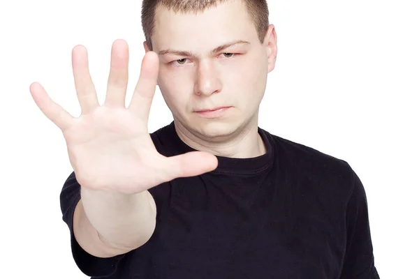 Чоловік показує, як руки зупиняються на білому тлі — стокове фото