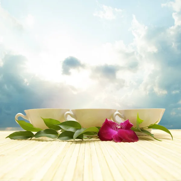 Három csésze teát naplementével és kék eget — Stock Fotó