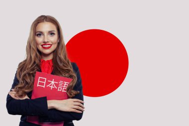 Study Japanese language. Pretty brunette girl student with Japan flag clipart