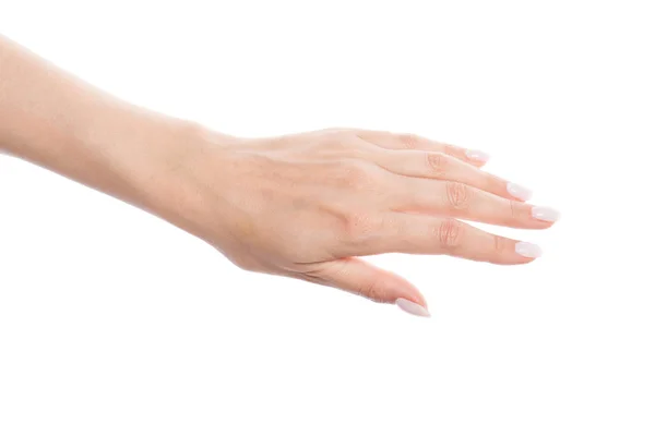 Mano femenina con uñas manicuradas blancas aisladas sobre fondo blanco — Foto de Stock