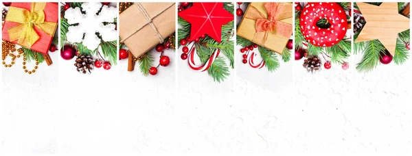 Set de Navidad. Composición con rama de abeto verde Navidad, cajas de regalo —  Fotos de Stock