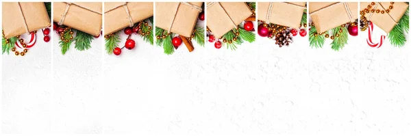 Viele Weihnachtsgeschenke Set. Komposition mit natürlichem beigen Bastelpapier — Stockfoto