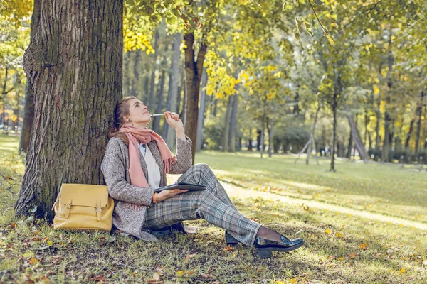 Echte zakenvrouw met Tablet laptop op het werk buitenshuis in Park — Stockfoto