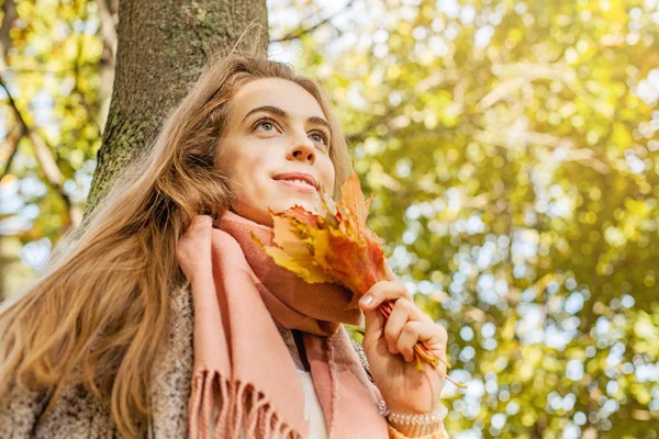 Romantique fille rêve à l'automne parc d'automne. Femme mignonne — Photo