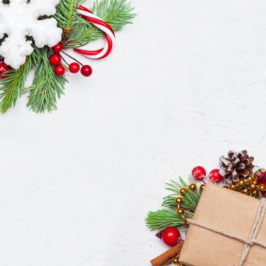Kar tanesi, hediye, yeşil Xmas köknar dalı, kırmızı holly çilek