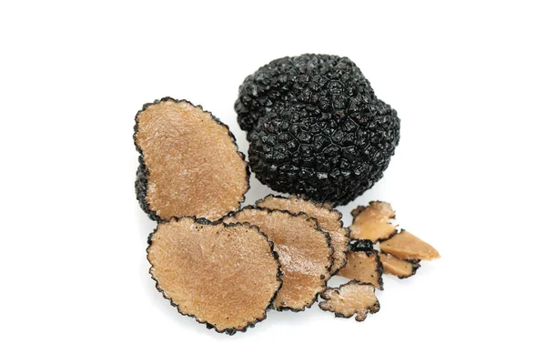 Ciuperci de trufe. Ciuperci și felii de trufe gourmet negre — Fotografie, imagine de stoc