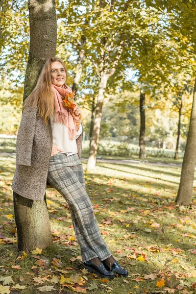 Sonbahar parkında romantik gülümseyen kız. Güzel sonbahar kadını 