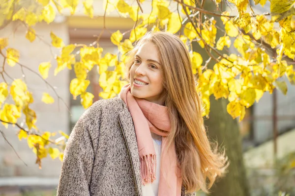 Schattige vrouw met gele esdoorn blad buitenshuis. Romantisch herfst meisje — Stockfoto