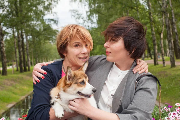 Lycklig kvinnan har nöje med hund sällskapsdjur i sommarpark, livsform Po — Stockfoto