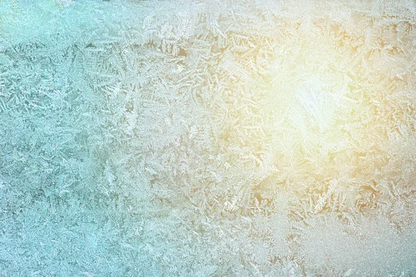 Frost And Sunset on glass in winter. Pattern ice on window — Stock Photo, Image