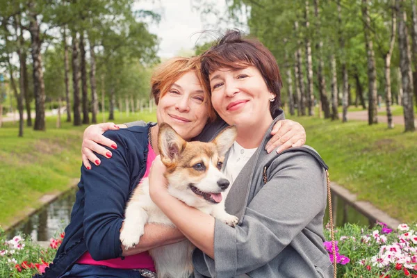 Leende kvinnor med Corgi valp PET, livsstil porträtt — Stockfoto