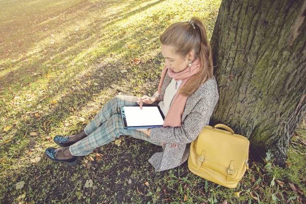 Echte zakenvrouw met Tablet laptop op het werk buitenshuis in Park — Stockfoto