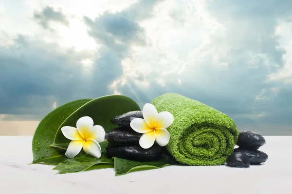 Spa de objetos tropicales verdes para masajes terapéuticos. Spa concepto saludable — Foto de Stock