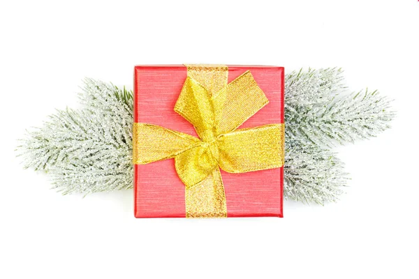 Χριστουγεννιάτικο δώρο και πράσινο έλατο υποκατάστημα απομονώνονται σε λευκό φόντο — Φωτογραφία Αρχείου