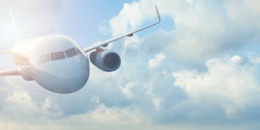 Bir uçağın uçuşu. Modern bir hava gemisinin güzel manzarası