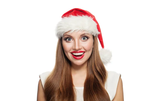 Glad jul kvinna i Santa hatt isolerad på vitt — Stockfoto