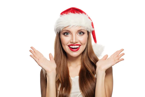 Vánoční žena nosí Santa klobouk izolované na bílém. — Stock fotografie