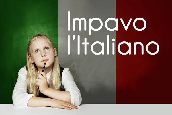 Thinking child girl student against the Italy flag background. Italian concept with inscription learn Italian on Italian language