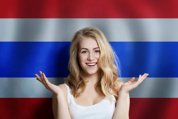 Surprised Cute Happy Girl Thailand Flag Background Travel Learn Thai — Stock Photo, Image