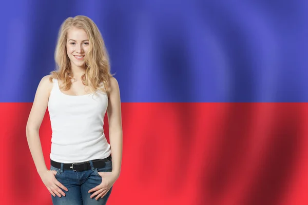 Happy Cute Woman Haiti Flag Background Travel Haiti Study French — Stock Photo, Image